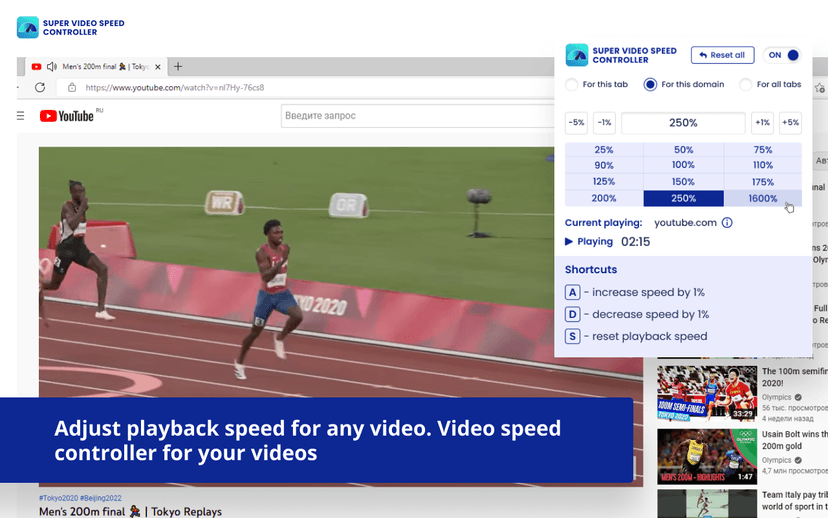 Super Video Speed Controller, popup panel with percentage-based speed presets