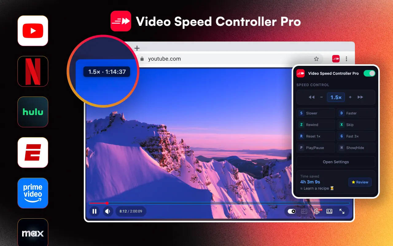 Video Speed Controller Pro running on Brave Browser, speed overlay on YouTube with popup controls