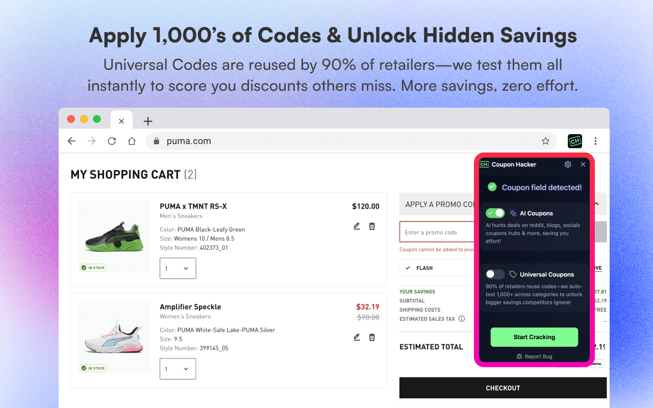 Coupon Hacker screenshot showing coupon functionality 1