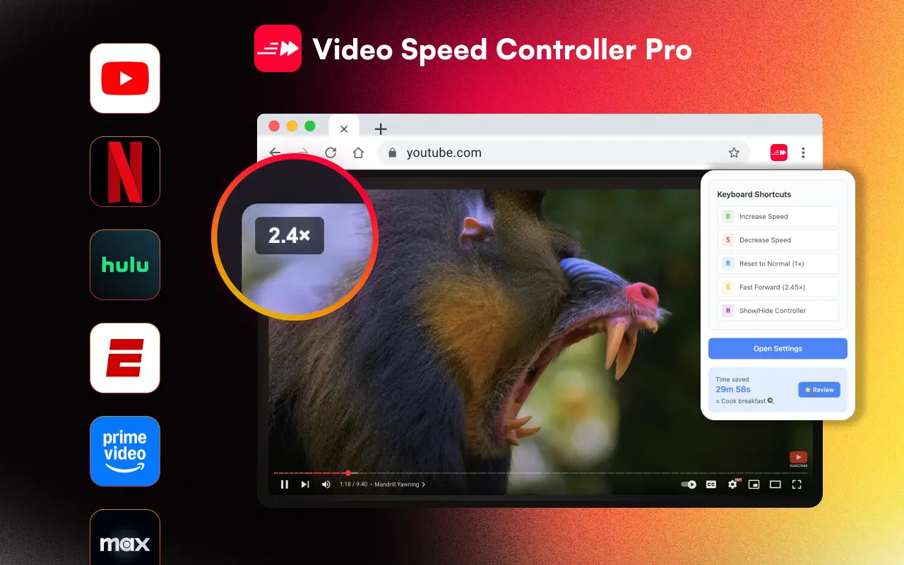 Video Speed Controller Pro interface screenshot showing video speed controls on streaming platforms