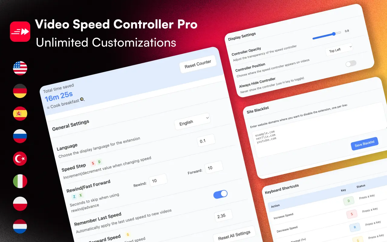 Video Speed Controller Pro settings interface showing customization options